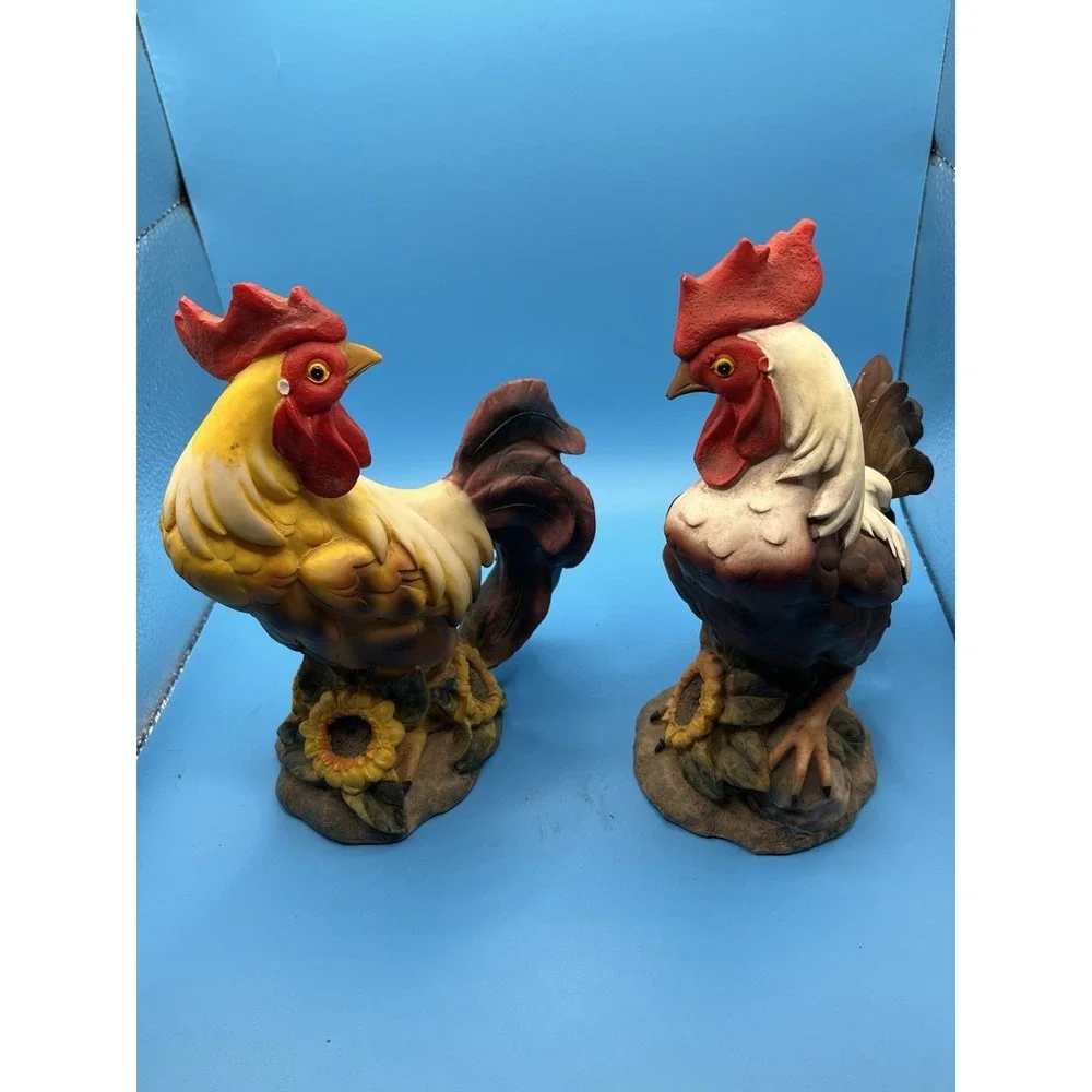 Vintage‎ Set/2 Rooster Figurines• Resin Sunflowers Country Farmhouse Decor
